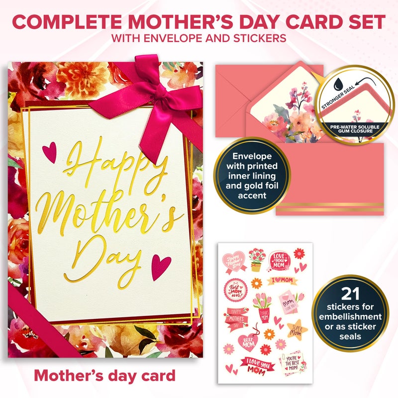 Decorably Gold Foiled and Textured 5x8in Individual Happy Mothers Day Card Set with Ribbon and Floral Designs, Card Set with Envelope and Stickers, with Printed Message Inside - Image 5